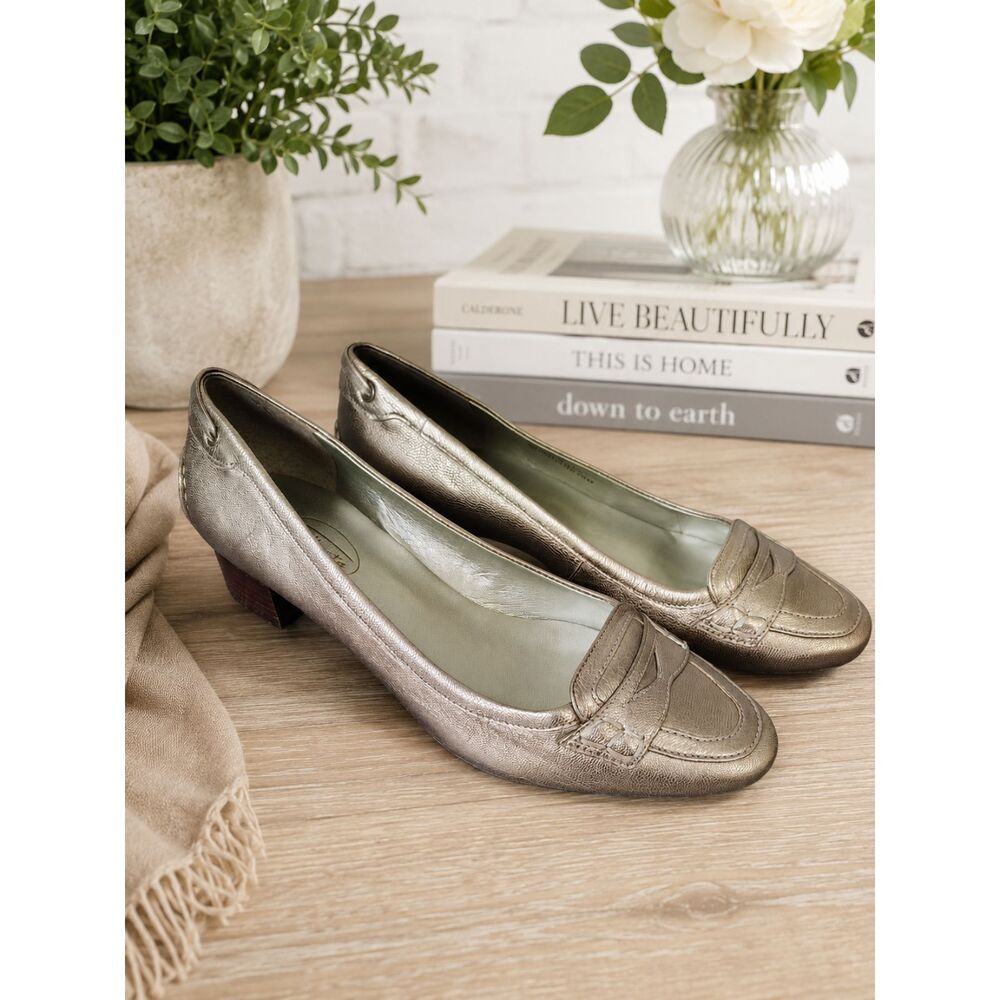 Talbots Bronze Metallic Leather Loafer Block Heel Dress Shoes Women's Size 9B